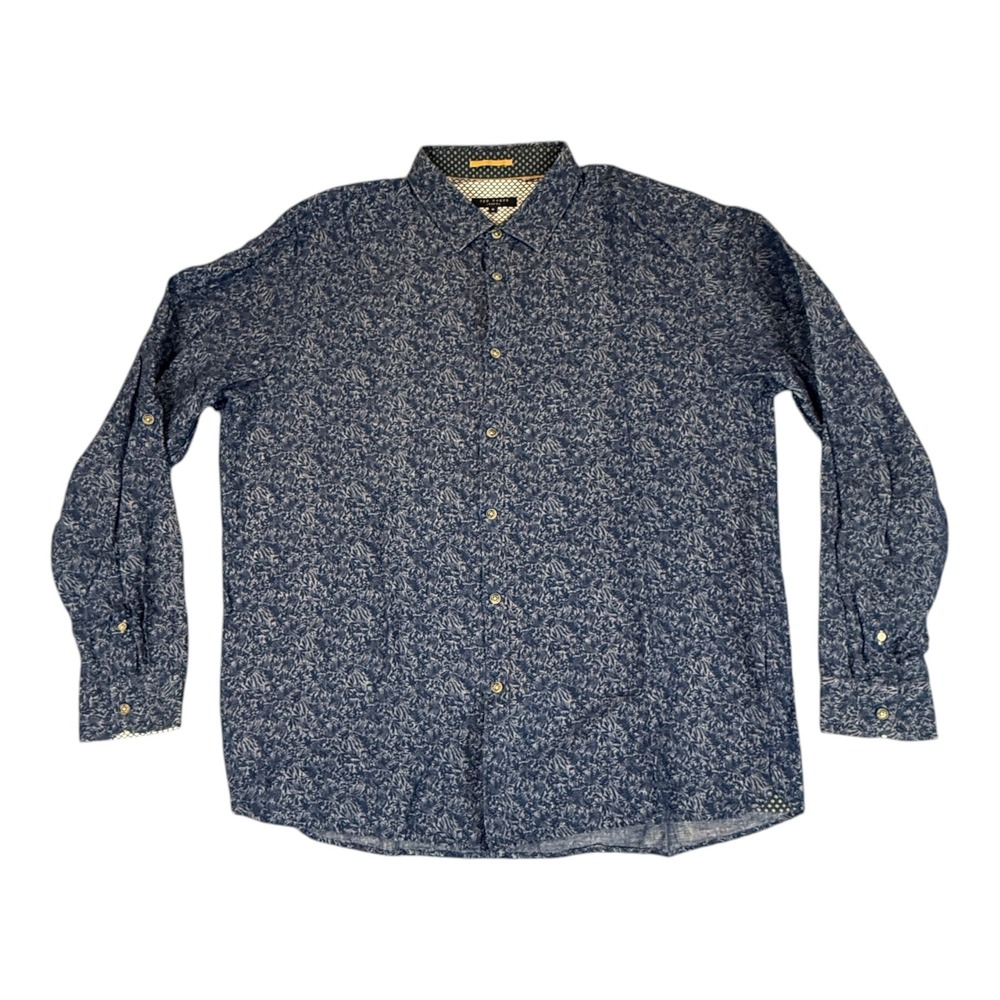 Ted Baker Button Down Shirt Mens 6 XXL Blue Floral Cotton Linen Roll Tab FREELUV